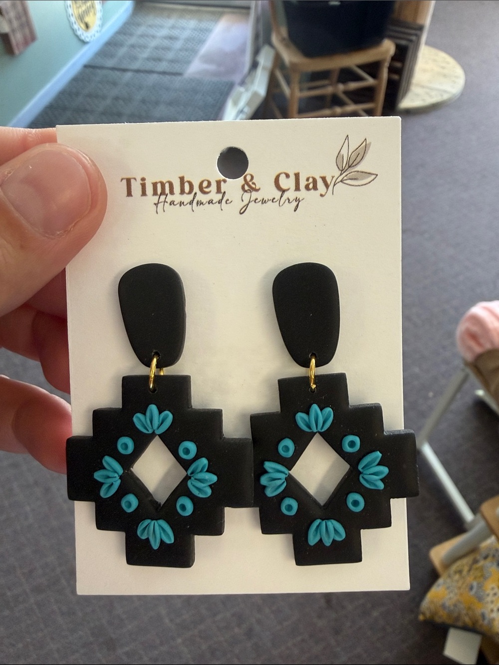 Black and Teal Handmade Cross-Pattern Polymer Clay Earrings